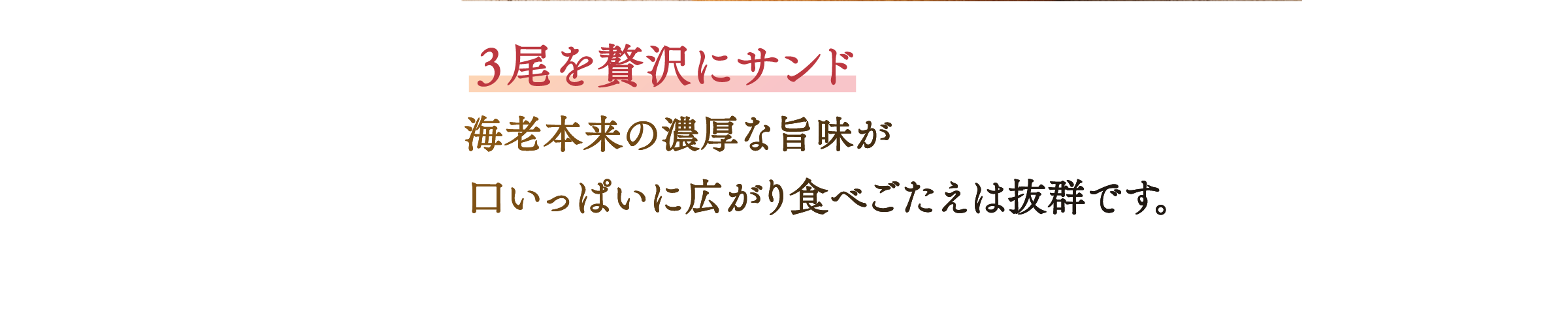 3尾を贅沢にサンド 海老由来の濃厚な旨みが 口いっぱいに広がり食べごたえは抜群です。