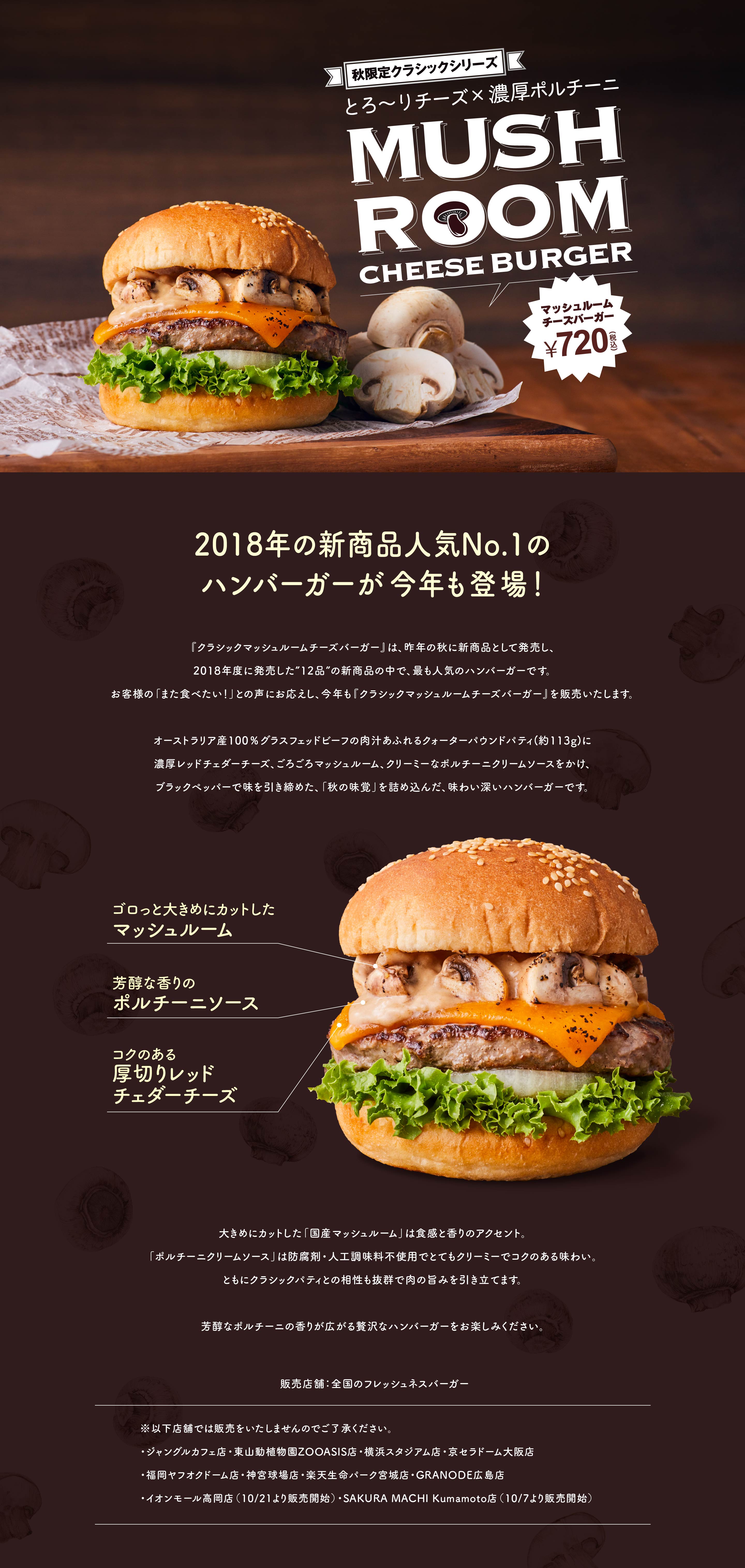 オーストラリア産100％グラスフェッドビーフの肉汁あふれるクォーターパウンドパティ(約113g)に濃厚レッドチェダーチーズ、ごろごろマッシュルーム、クリーミーなポルチーニクリームソースをかけ、ブラックペッパーで味を引き締めた、「秋の味覚」を詰め込んだ、味わい深いハンバーガーです。