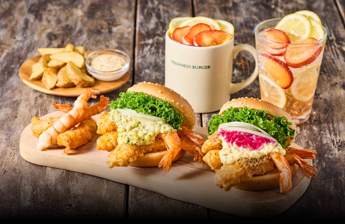 神の海老バーガー・秋姫レモネード・ディップポテト生姜醤油マヨソース