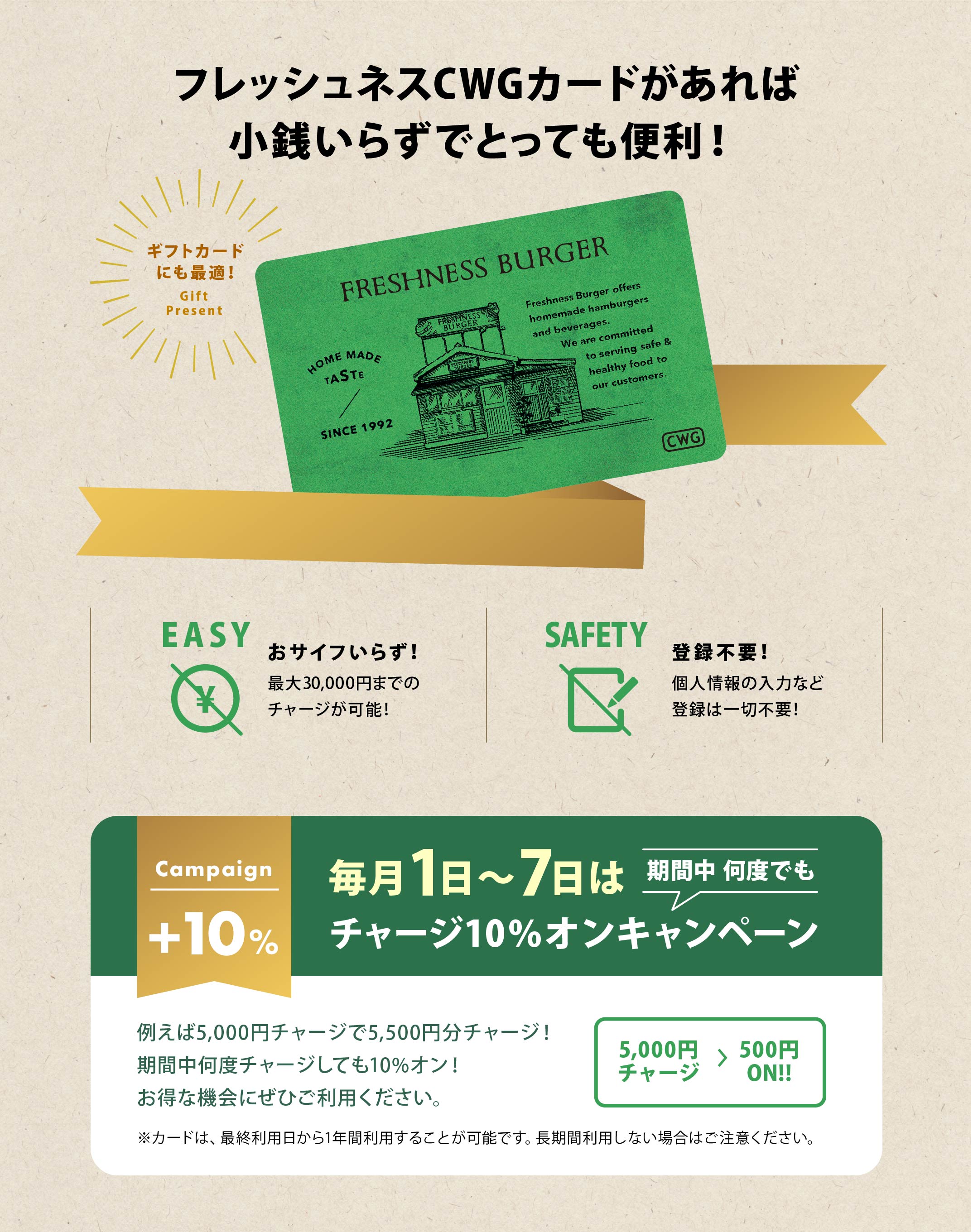 フレッシュネスCWGカードがあれば小銭いらずでとっても便利！毎月1日～7日のチャージは何度でも10%オン！例えば5,000円チャージで5,500円分チャージ！期間中何度チャージしても10%オン！お得な機会にぜひご利用ください。