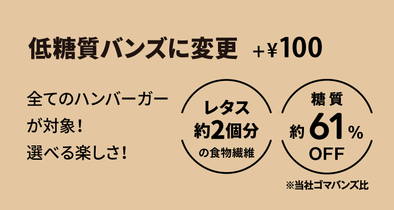 Low Carb Buns +¥100 全てのバーガーが低糖質バンズに変更できます。